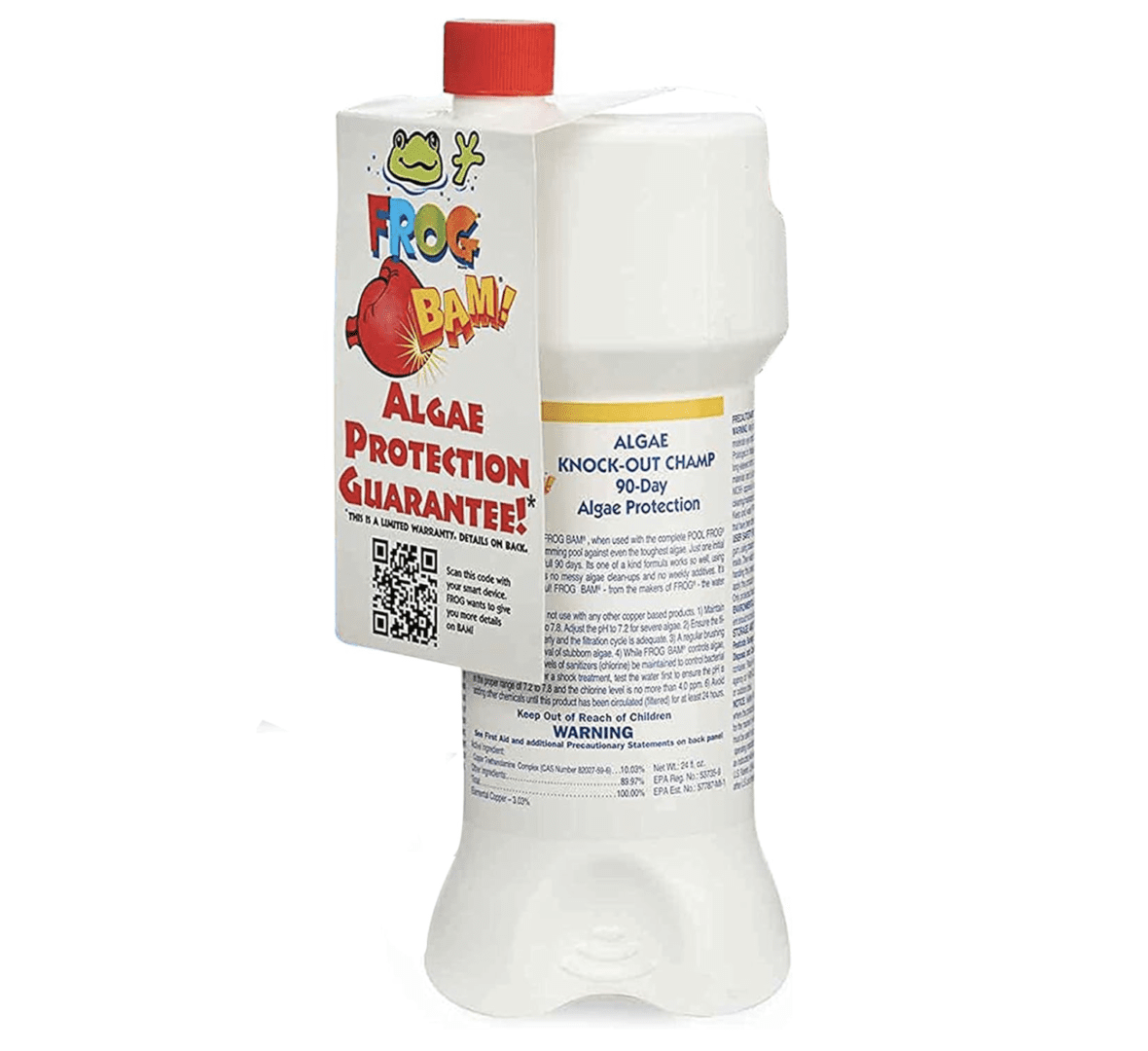 A bottle of FROG BAM 90-Day Algae Preventive, Algaecide, Pool Winterizer with a FROG label on it.